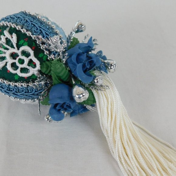 Handmade Fabric Rose Tassel Blue Silver Ball Christmas Tree Ornament 3" Dia 6" L - Picture 6 of 8